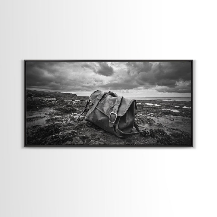 Abandoned Satchel, Coastal Mystery Art, Lost and Found Decor, Moody Beach Scene, Canvas Print, Study Wall Art, Nautical Rustic Aesthetic