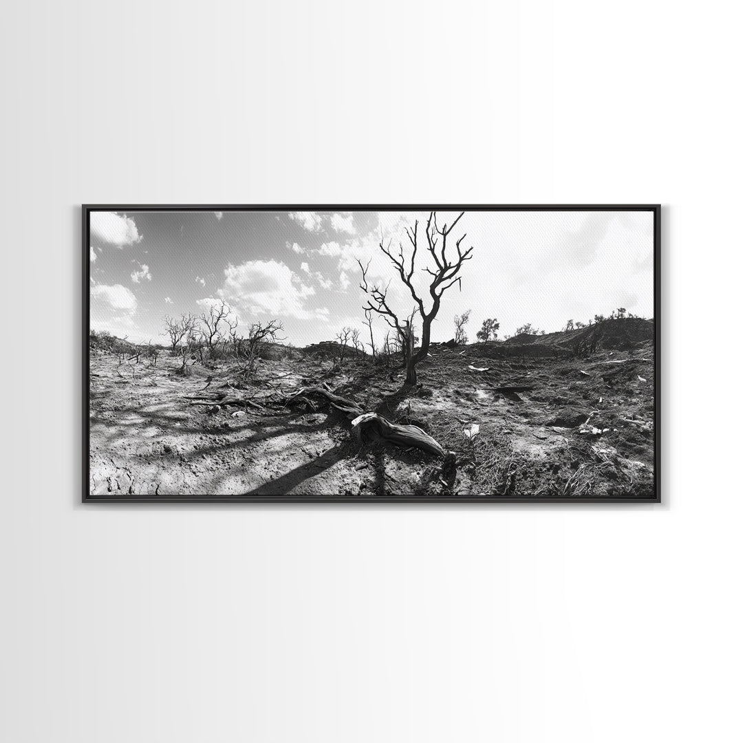 Barren Tree Landscape, Post Fire Terrain, Dystopian Forest Scene, Survival Mood, Canvas Print, Office Wall Art, Dark Nature Decor