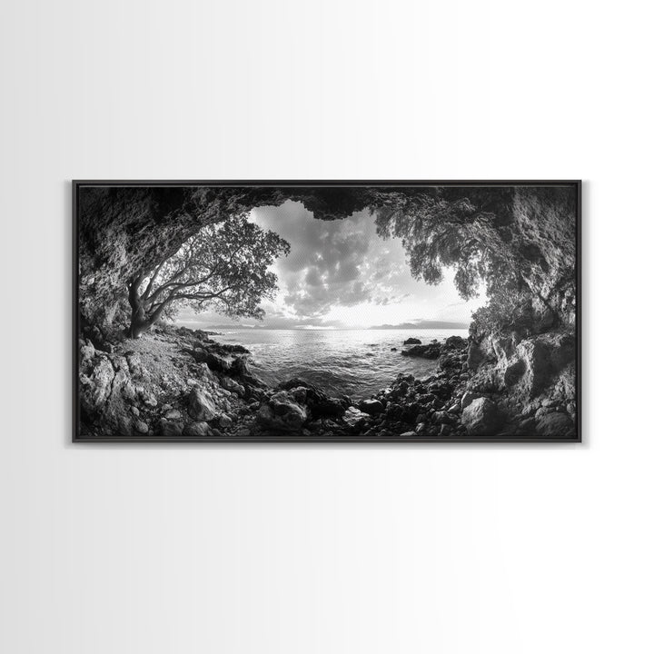 Ocean Cave View, Coastal Tree Framing, Tranquil Sea Scene, Nature Window Art, Framed Canvas Print, Bedroom Wall Art, Zen Decor