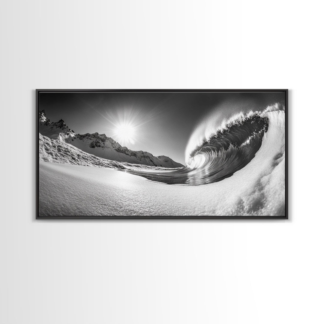 Arctic Wave Motion, Snowy Surf Curl, Mountain Sun Scene, Nature Energy Art, Canvas Print, Living Room Wall Art, Winter Adventure Decor