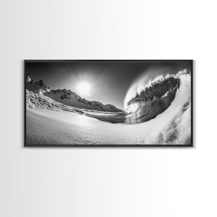 Arctic Wave Motion, Snowy Surf Curl, Mountain Sun Scene, Nature Energy Art, Canvas Print, Living Room Wall Art, Winter Adventure Decor