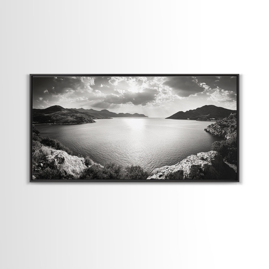 Ocean Sunset View, Mountain Coast Landscape, Black and White Art, Canvas Print, Minimalist Decor, Living Room Wall Art, Tranquil Home Style