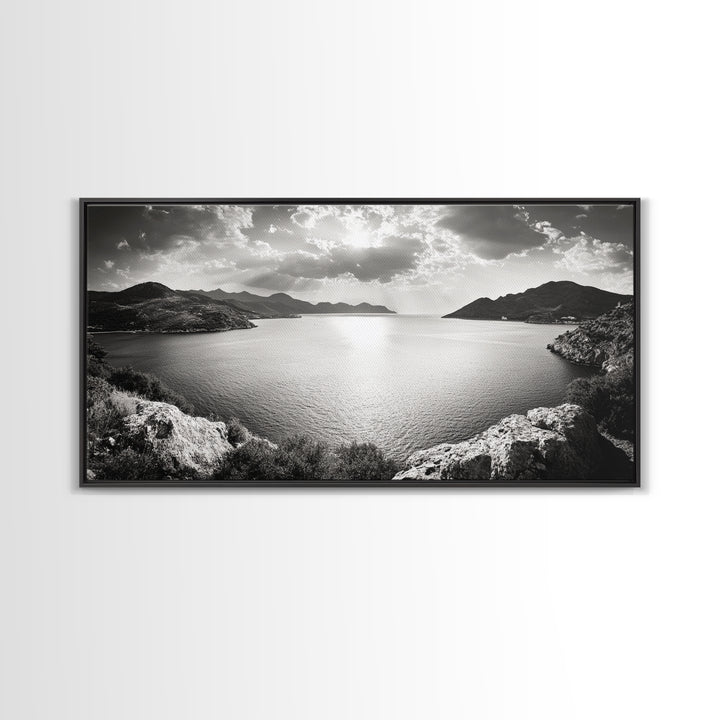 Ocean Sunset View, Mountain Coast Landscape, Black and White Art, Canvas Print, Minimalist Decor, Living Room Wall Art, Tranquil Home Style