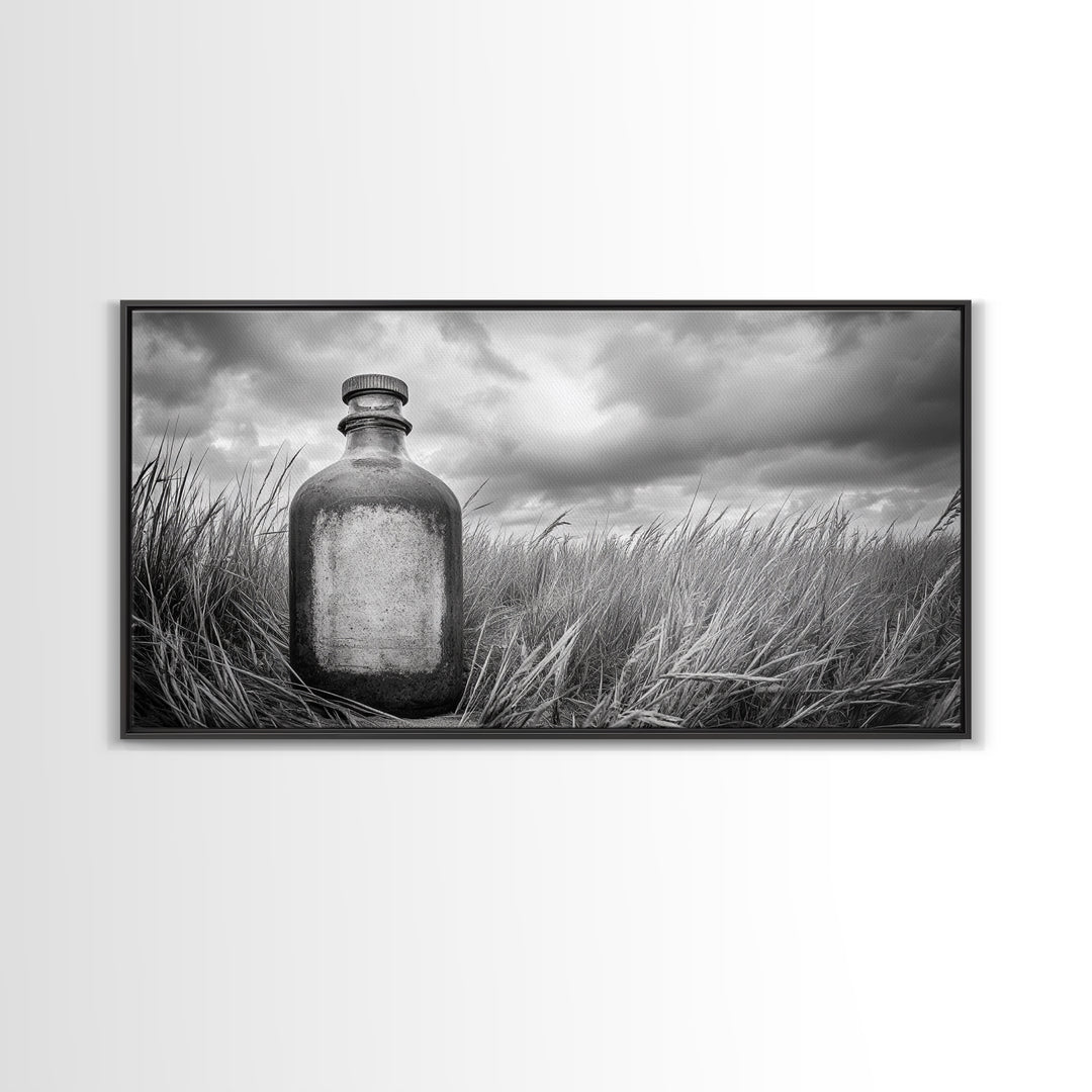 Antique Bottle Field, Rustic Outdoor Scene, Black and White Photography, Framed Canvas Print, Farmhouse Wall Art, Entryway Decor