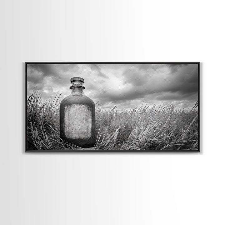 Antique Bottle Field, Rustic Outdoor Scene, Black and White Photography, Framed Canvas Print, Farmhouse Wall Art, Entryway Decor