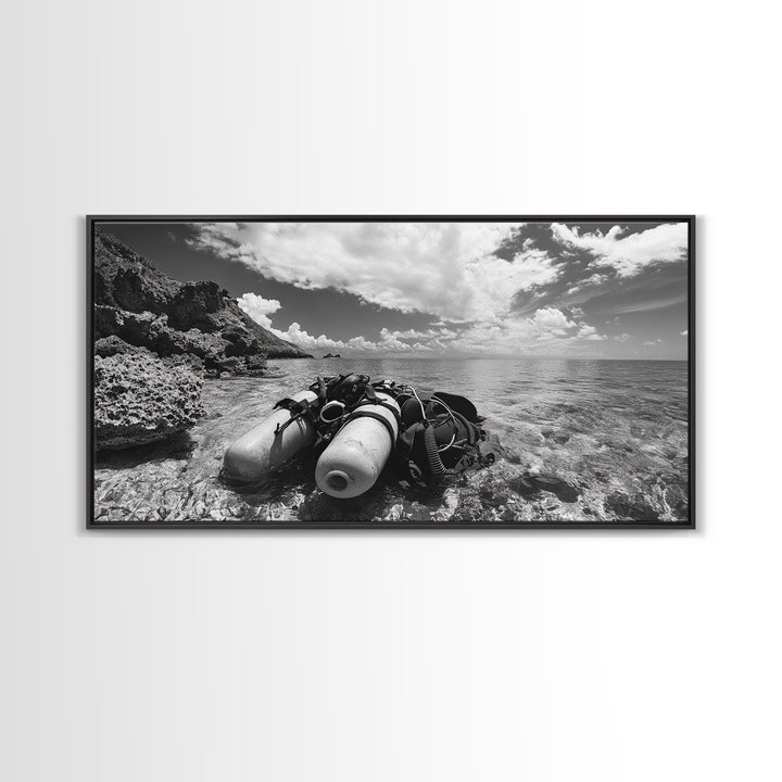 Dive Gear Shoreline, Ocean Exploration Scene, Black and White Adventure Art, Canvas Print, Nautical Decor, Man Cave Wall Art, Nautical Wall Art