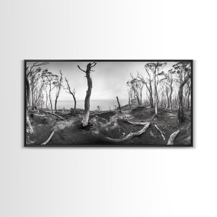 Burnt Forest, Moody Trees, Coastal Landscape, Nature Scene, Framed Canvas Print, Rustic Wall Art, Boho Decor, Fall Home Aesthetic