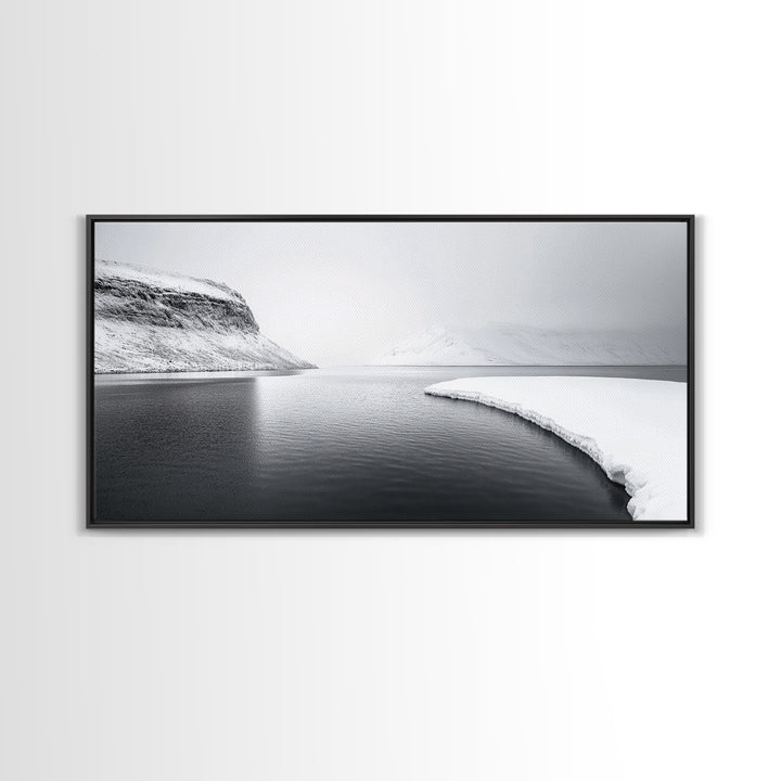 Arctic Coastline Silence, Minimal Snow Scene, Monochrome Nature Landscape, Framed Canvas Print, Scandinavian Wall Art, Office Calm Decor