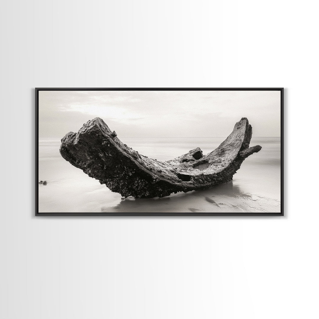 Coastal Shipwreck, Moody Beach, Driftwood Aesthetic, Minimalist Seascape, Canvas Print, Nautical Wall Art, Bathroom Decor, Ocean Art