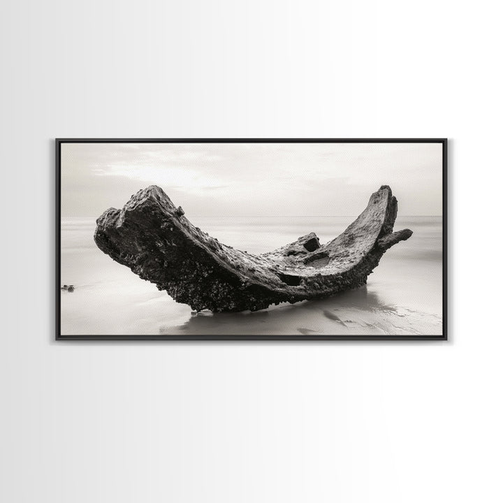 Coastal Shipwreck, Moody Beach, Driftwood Aesthetic, Minimalist Seascape, Canvas Print, Nautical Wall Art, Bathroom Decor, Ocean Art