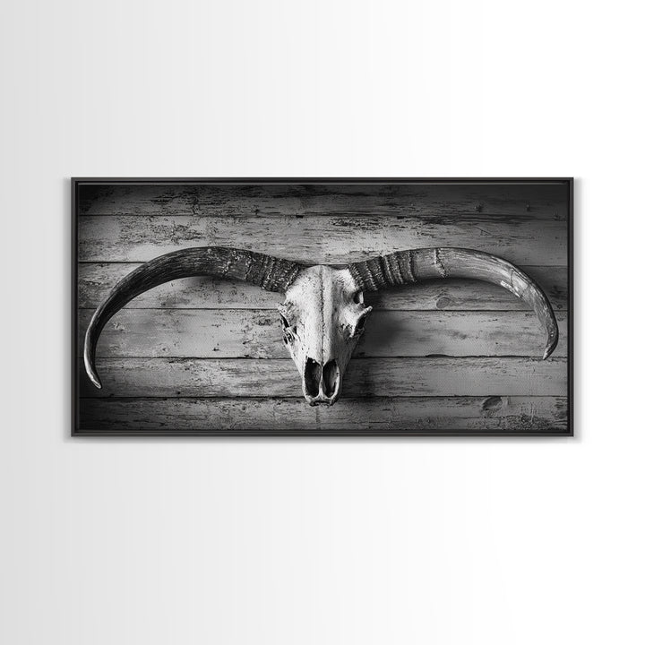 Bull Skull, Rustic Horns, Western Cabin Decor, Weathered Wood, Framed Canvas Print, Farmhouse Wall Art, Cowboy Office Decor, Rustic Wall Art