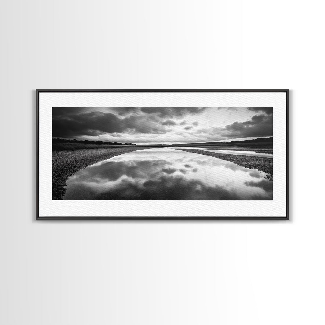 River Reflection, Cloudy Sky, Calm Nature Path, Modern Monochrome, Framed Canvas Print, Bedroom Wall Art, Minimalist Landscape Art
