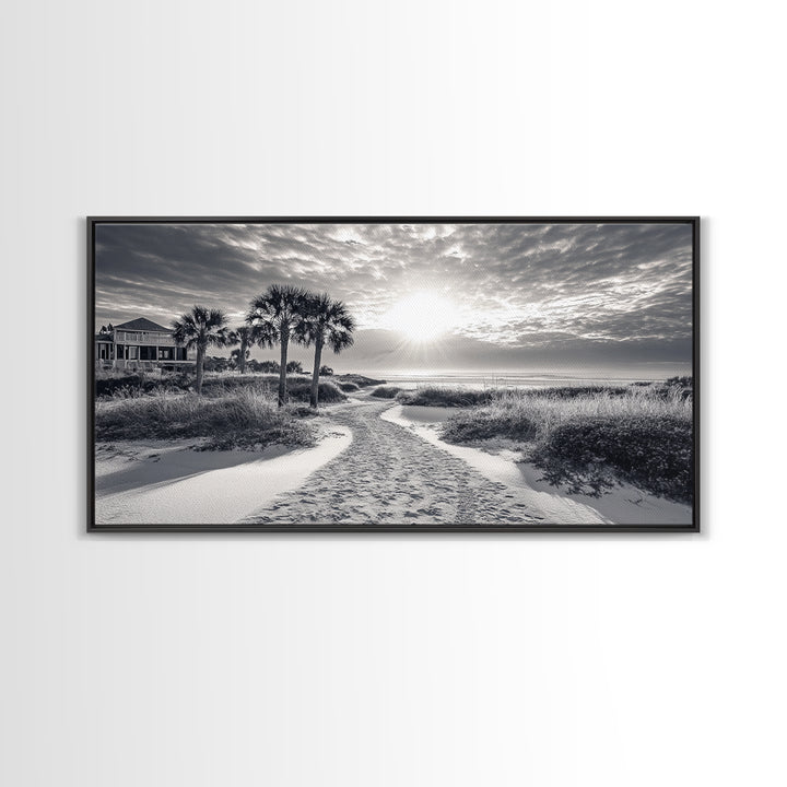 Beach Path Sunrise, Coastal Home, Nature Photography, Framed Canvas Print, Entryway Art, Coastal Grandmillennial Decor, Morning Light Scene