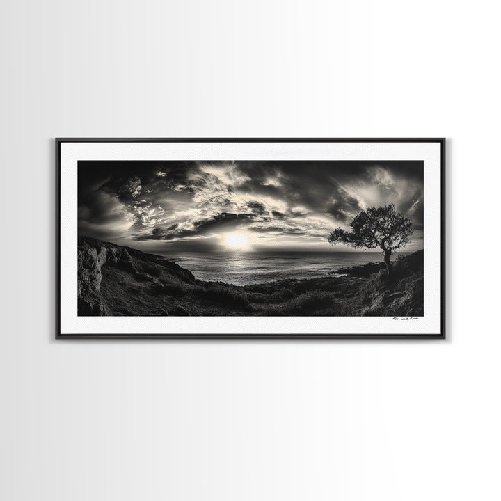 Dramatic Ocean Sunset, Coastal Tree, Monochrome Landscape, Canvas Print, Living Room Wall Art, Surreal Nature View, Oceanview Print