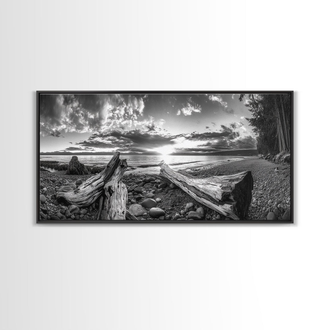 Driftwood Coastline, Rocky Beach Sunset, Nature Wall Art, Framed Canvas Print, Rustic Lake House Decor, Fall Coastal Aesthetic