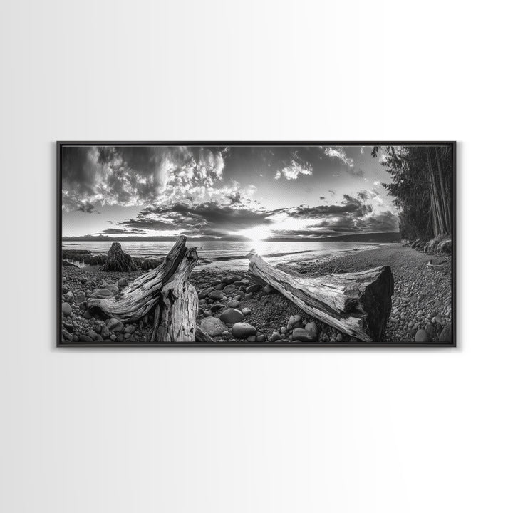 Driftwood Coastline, Rocky Beach Sunset, Nature Wall Art, Framed Canvas Print, Rustic Lake House Decor, Fall Coastal Aesthetic