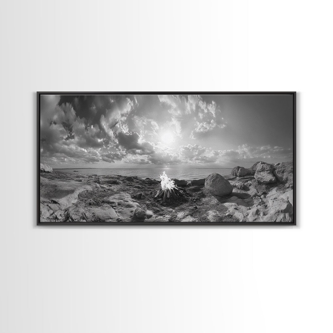 Coastal Campfire, Ocean Sunset, Rocky Shore, Bonfire Glow, Canvas Print, Nature Wall Art, Autumn Cabin Decor, Outdoor Retreat Style