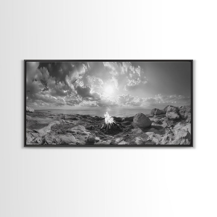 Coastal Campfire, Ocean Sunset, Rocky Shore, Bonfire Glow, Canvas Print, Nature Wall Art, Autumn Cabin Decor, Outdoor Retreat Style