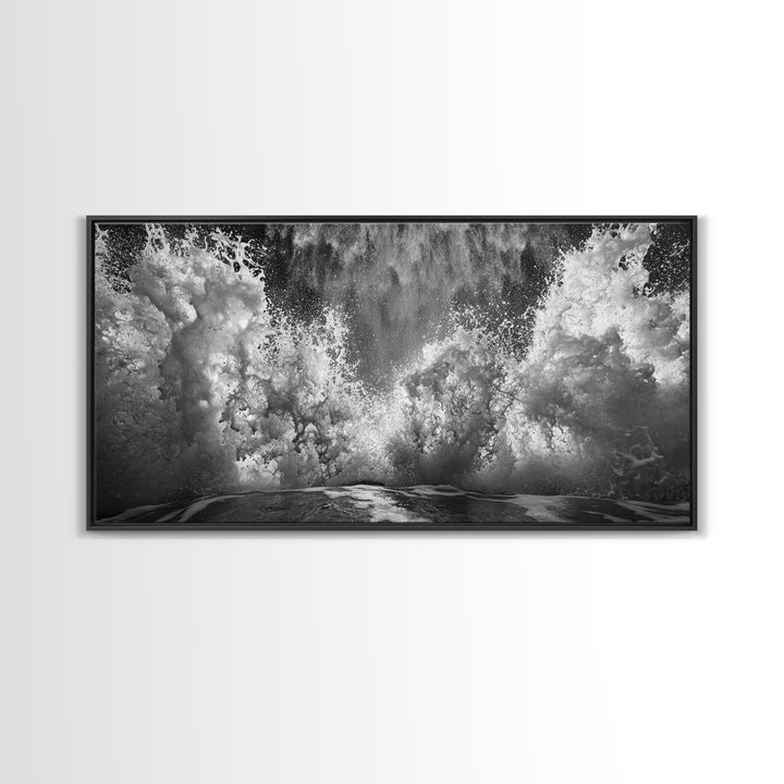 Ocean Splash, Sea Foam, Abstract Water, Coastal Waves, Framed Canvas Print, bathroom wall art, modern ocean photography, moody water art