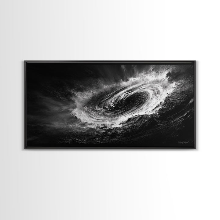 Ocean Vortex, Dramatic Waves, Sea Swirl, Storm Art, Framed Canvas Print, dark abstract art, gaming room decor, black and white power art