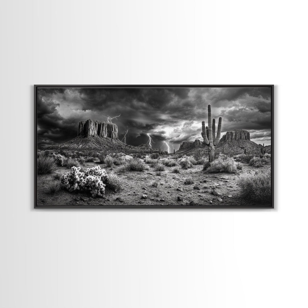 Desert Storm Scene, Lightning Landscape, Southwest Art, Dramatic Skies, Framed Canvas Print, Western Wall Art, Rustic Living Room Decor