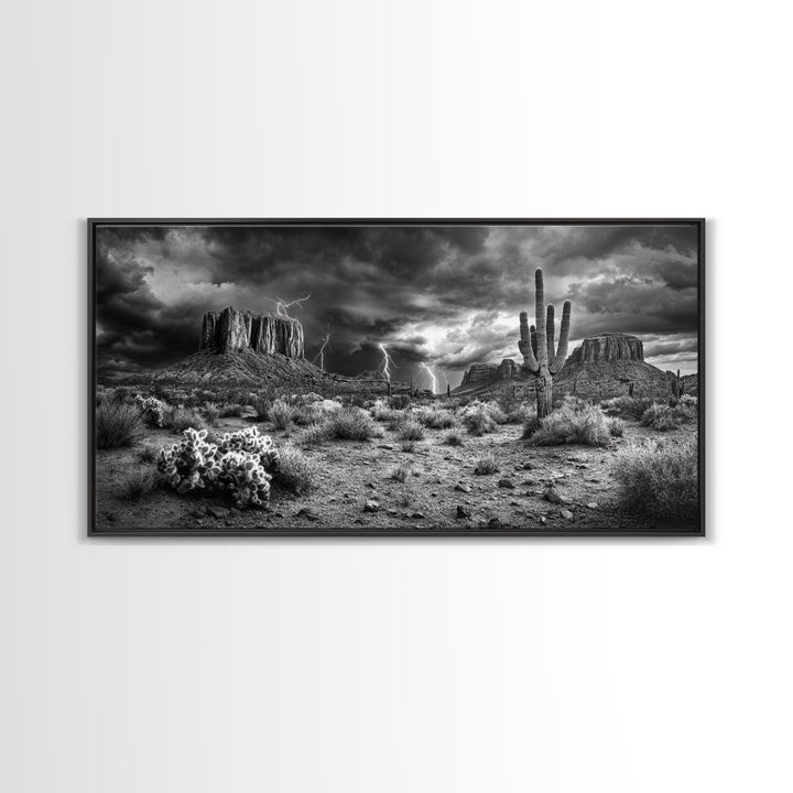 Desert Storm Scene, Lightning Landscape, Southwest Art, Dramatic Skies, Framed Canvas Print, Western Wall Art, Rustic Living Room Decor