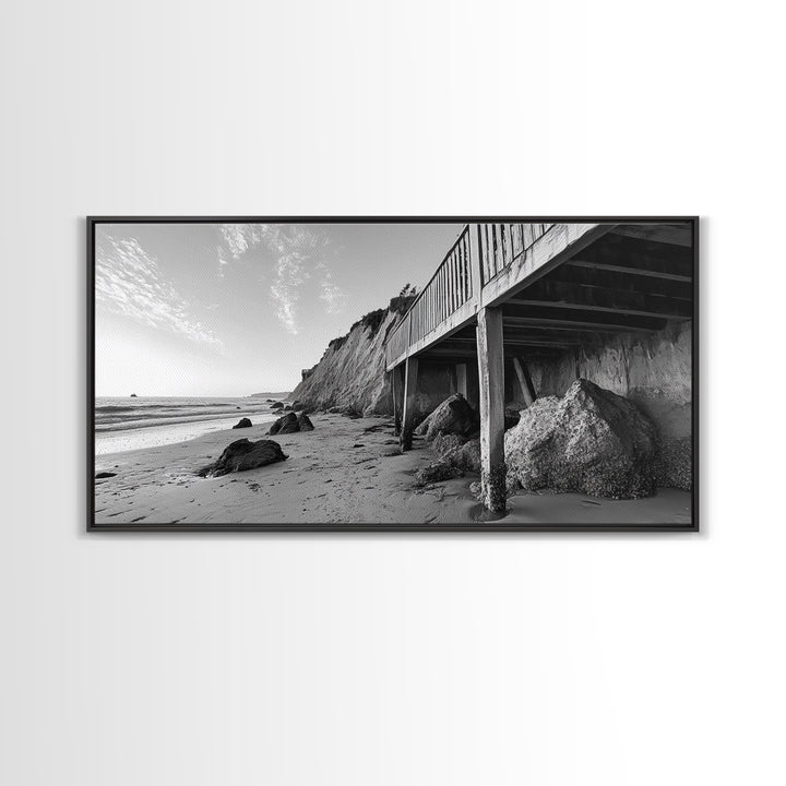 Coastal Cliff View, Seaside Escape, Beachside Structure, Framed Canvas Print, Rustic Wall Art, Modern Coastal Living Room Decor