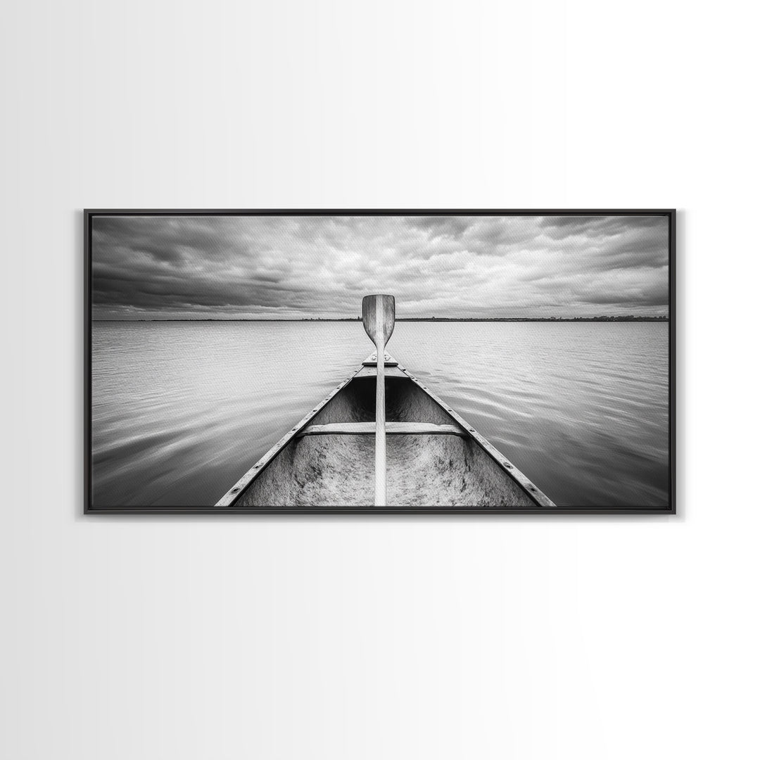 Canoe Lake, Adventure Paddle, Calm Waters, Cloudy Sky, Framed Canvas Print, Minimalist Art, Office Wall Decor, Nature Lover Style