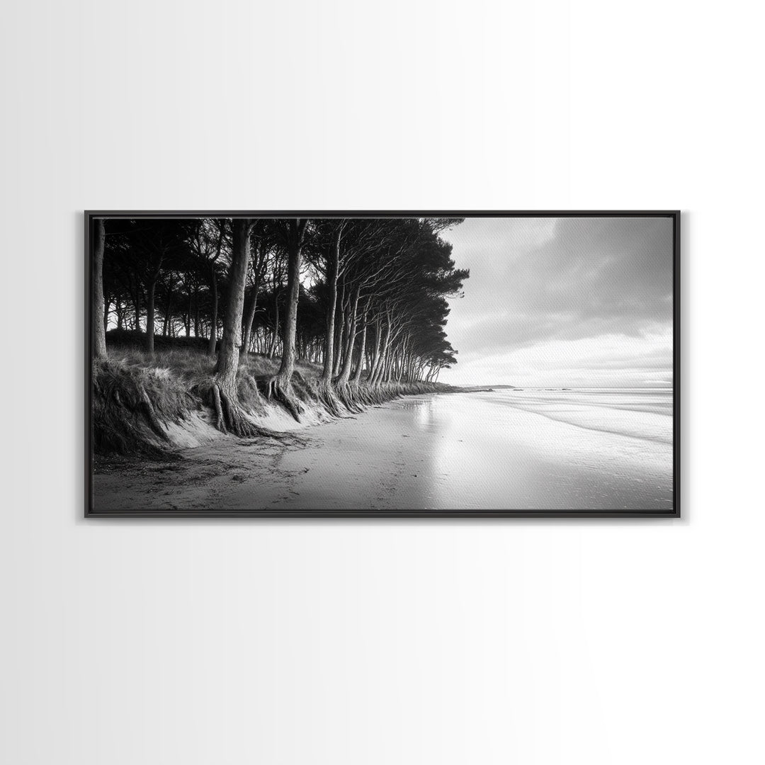 Pine Trees, Sandy Beach, Coastal Serenity, Driftwood Shore, Framed Canvas Print, neutral wall art, coastal rustic style, entryway landscape