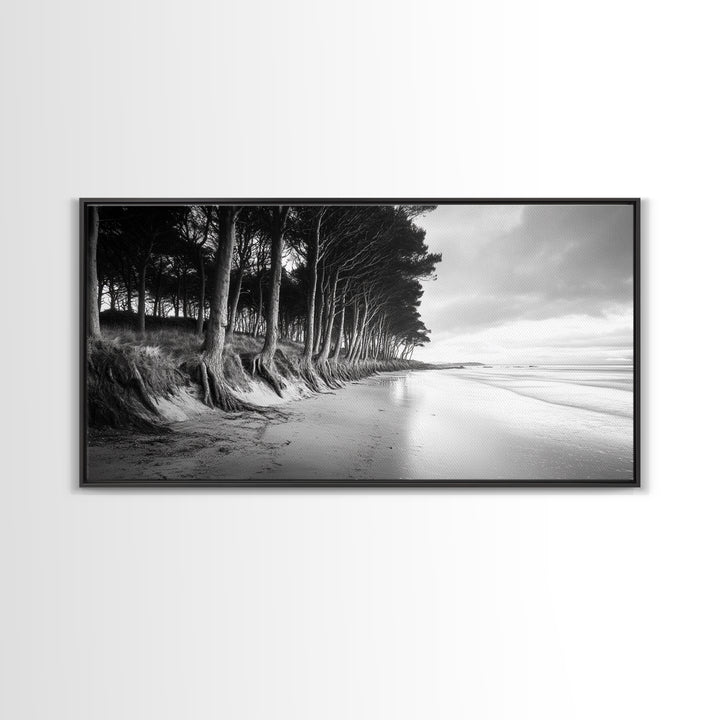 Pine Trees, Sandy Beach, Coastal Serenity, Driftwood Shore, Framed Canvas Print, neutral wall art, coastal rustic style, entryway landscape