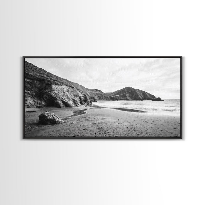 Coastal Cliffs, Ocean Shore, Scenic Beach, Framed Canvas Print, Nature Photography, Bathroom Wall Art, Neutral Tones, Coastal Home Decor