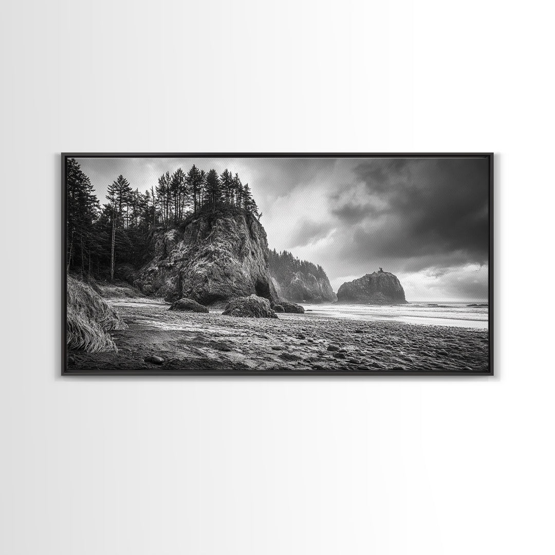 Coastal Rocks, Forest Cliffs, Moody Ocean, Framed Canvas Print, Pacific Northwest Wall Art, Dramatic Seascape, Autumn Nature Photography