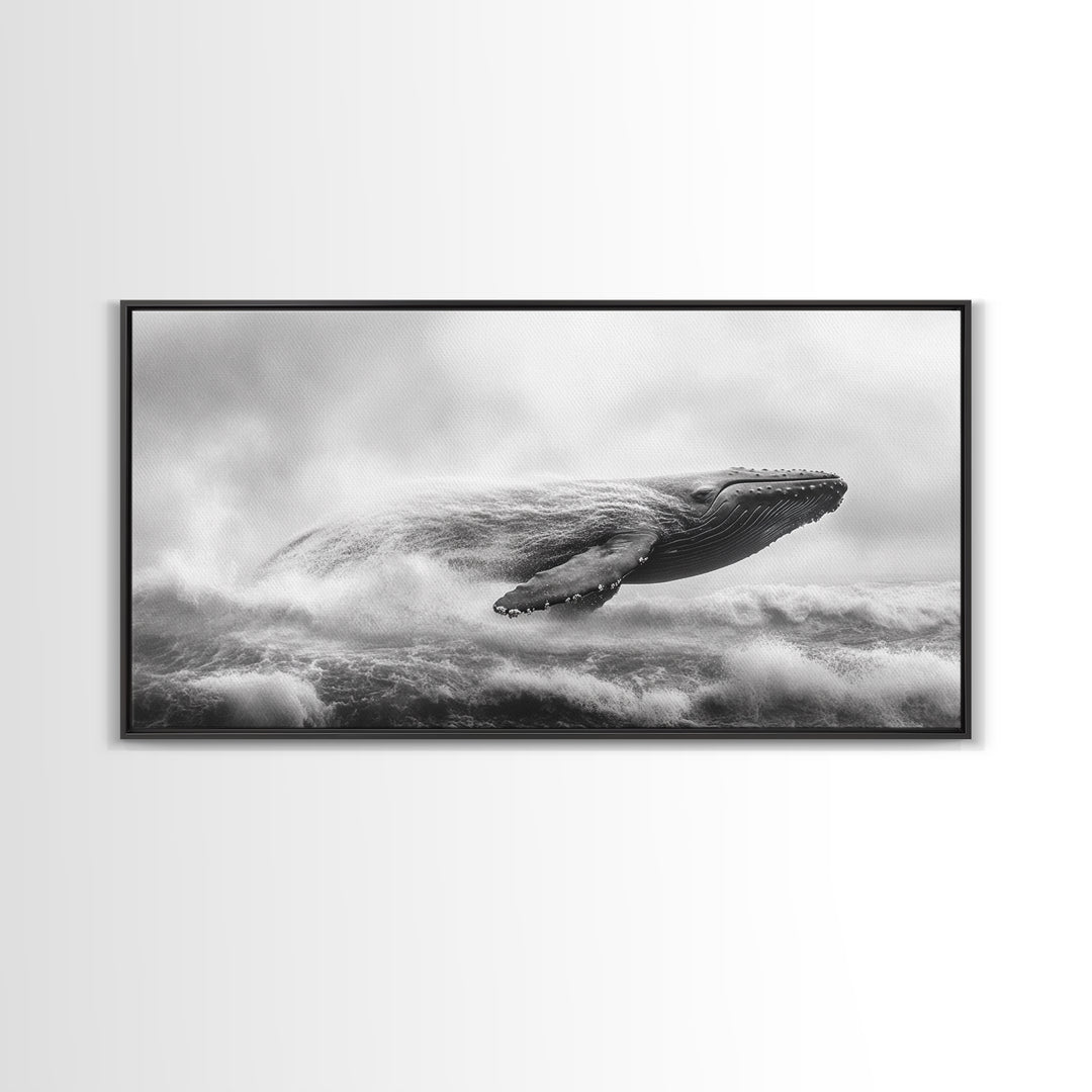 Breaching Whale, Ocean Waves, Marine Power, Framed Canvas Print, Nautical Bathroom Wall Art, Whale Watching Theme, Coastal Photography Art