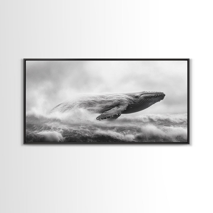 Breaching Whale, Ocean Waves, Marine Power, Framed Canvas Print, Nautical Bathroom Wall Art, Whale Watching Theme, Coastal Photography Art