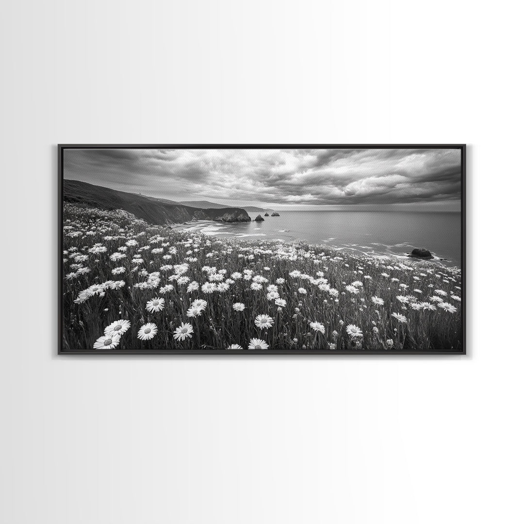 Coastal Flower Field, Ocean Meadow Scene, Seaside Wildflower Landscape, Serene Botanical Print, Living Room Art, Canvas Print