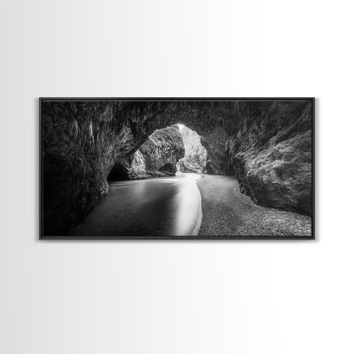 Ocean Cave Flow, Coastal Rock Wall Art, Moody Nature Seascape, Black White Beach Decor, Boho Bathroom Accent, Canvas Print, Monochrome Art