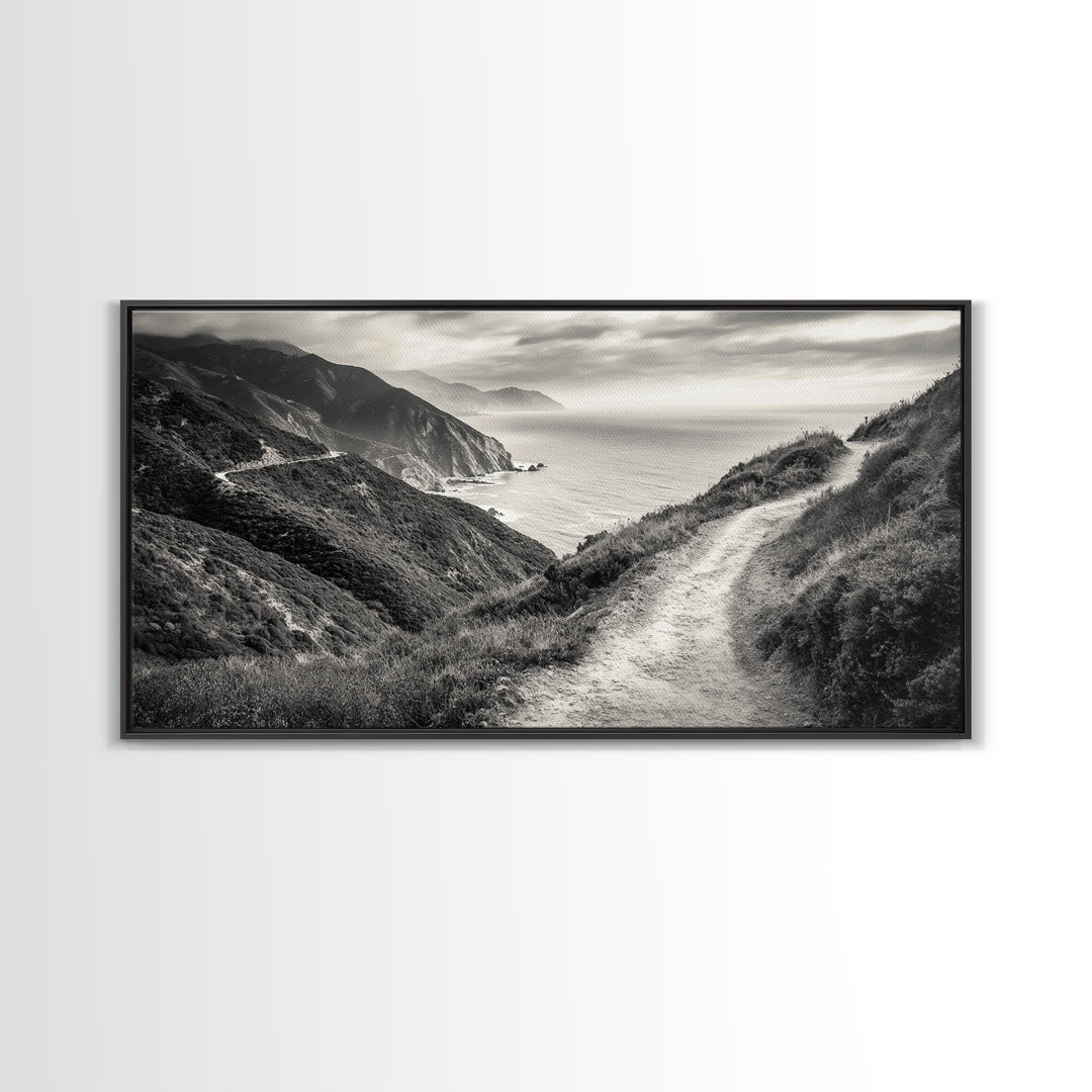 Cliffside Trail Path, Coastal Hiking Print, Rugged Ocean View, Nature Adventure Wall Art, Rustic Modern Decor, Framed Canvas Print
