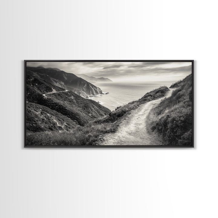 Cliffside Trail Path, Coastal Hiking Print, Rugged Ocean View, Nature Adventure Wall Art, Rustic Modern Decor, Framed Canvas Print