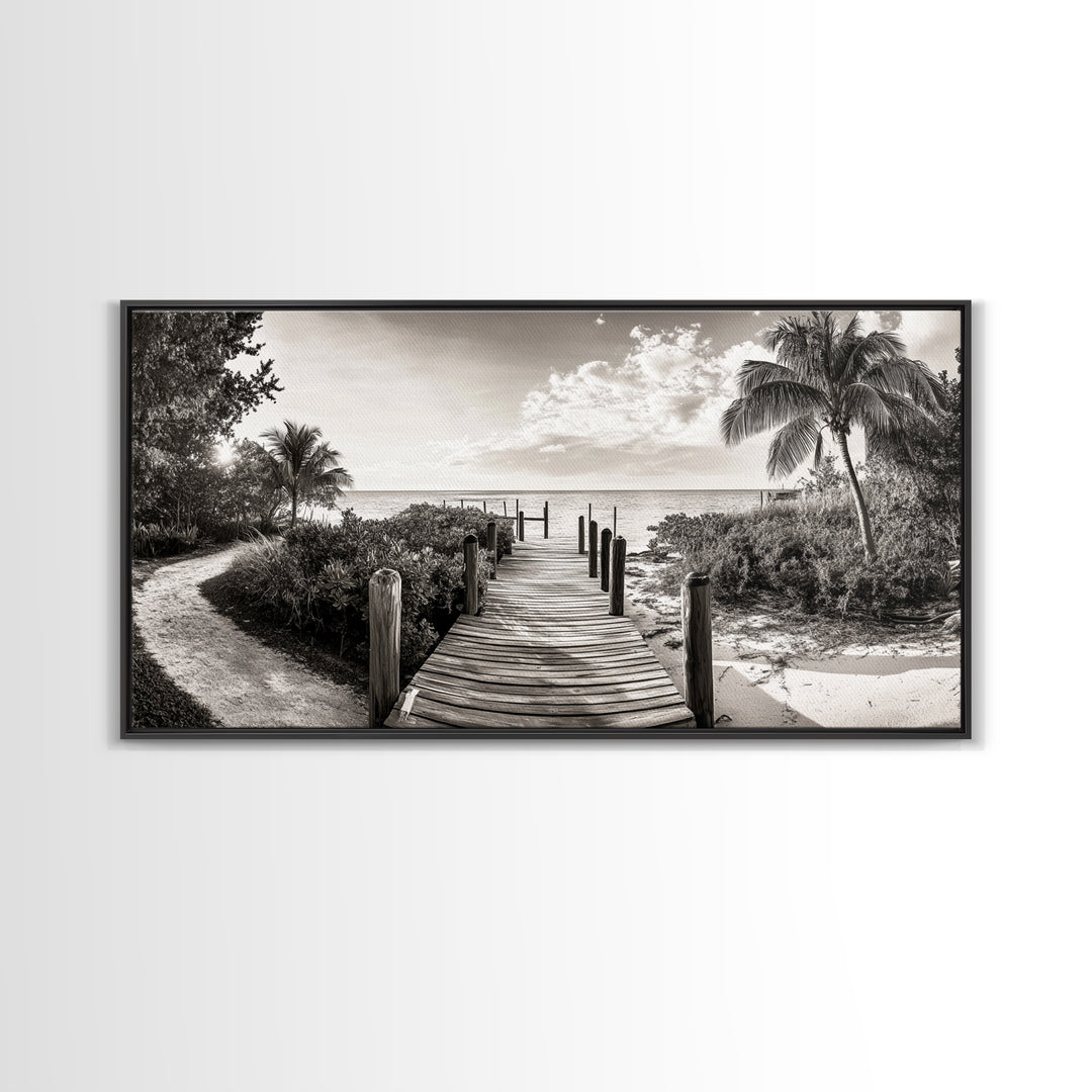 Beach Path, Coastal Dock, Tropical Palms, Canvas Print, Vacation Vibes, Boho Seaside Decor, Bathroom Wall Art, Nautical Island Landscape
