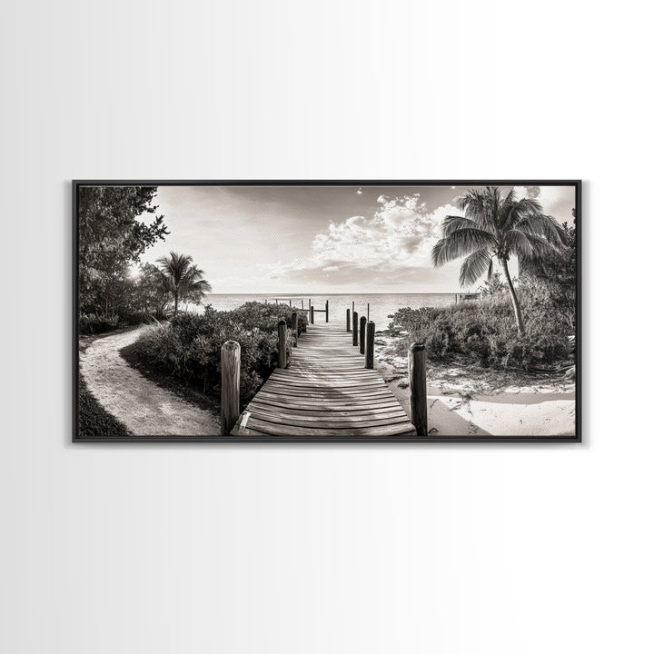 Beach Path, Coastal Dock, Tropical Palms, Canvas Print, Vacation Vibes, Boho Seaside Decor, Bathroom Wall Art, Nautical Island Landscape