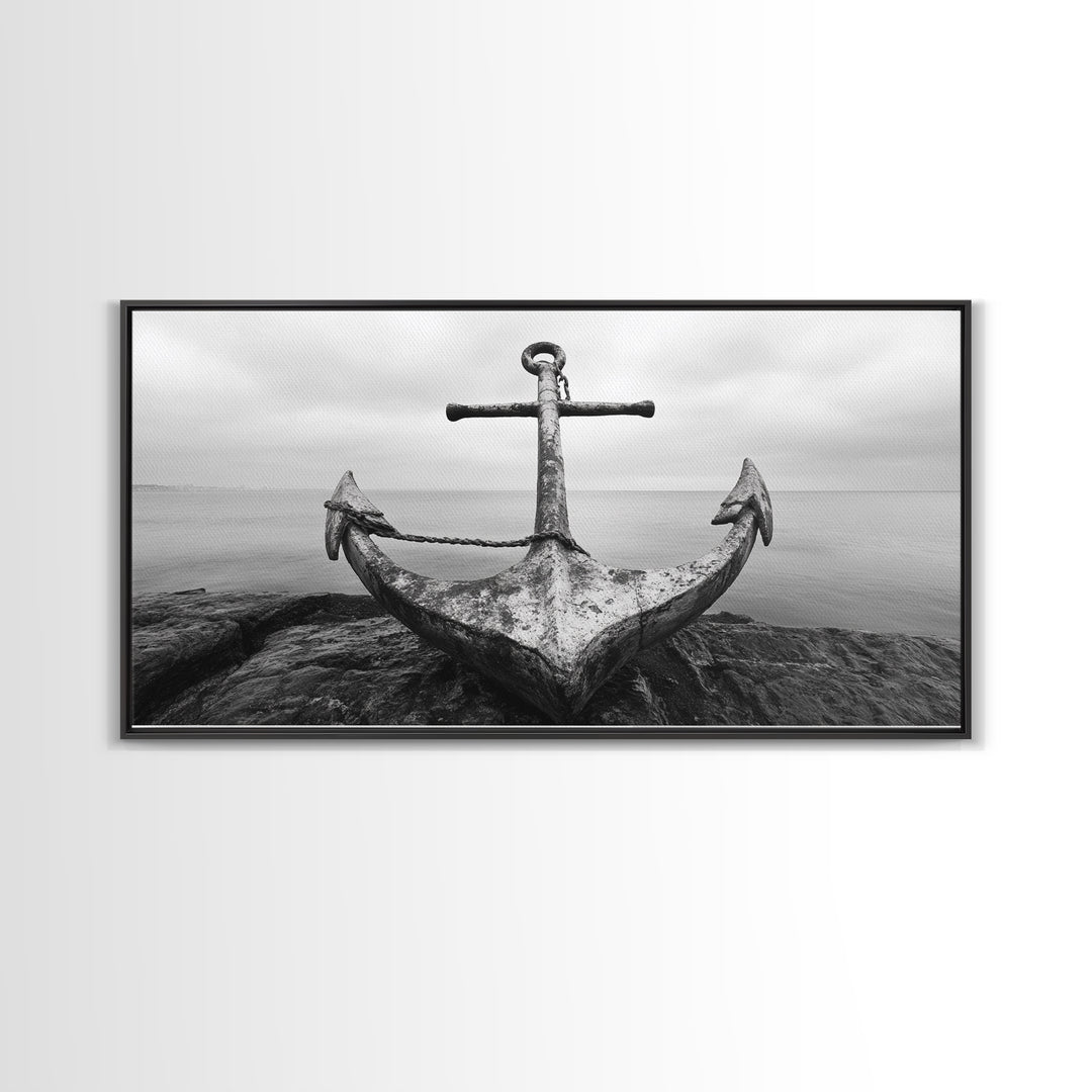 Nautical Anchor Art, Coastal Photography, Rustic Beach Decor, Framed Canvas Print, Bathroom or Lake House Wall Art, Minimal Style