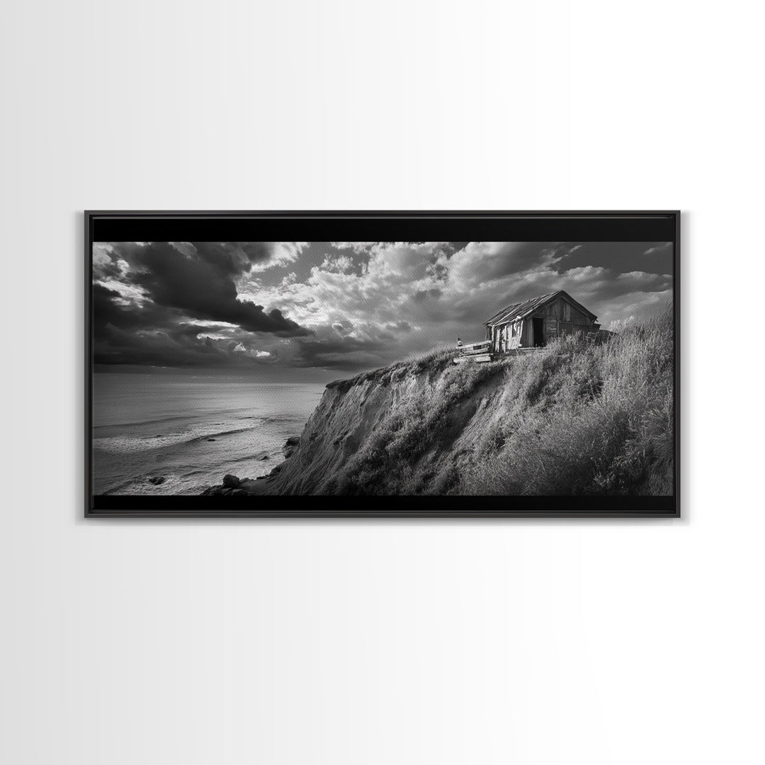 Cliff Cabin, Stormy Coast, Ocean Bluff, Dramatic Skies, Canvas Print, Moody Nature Art, Living Room Accent, Fall Season Decor
