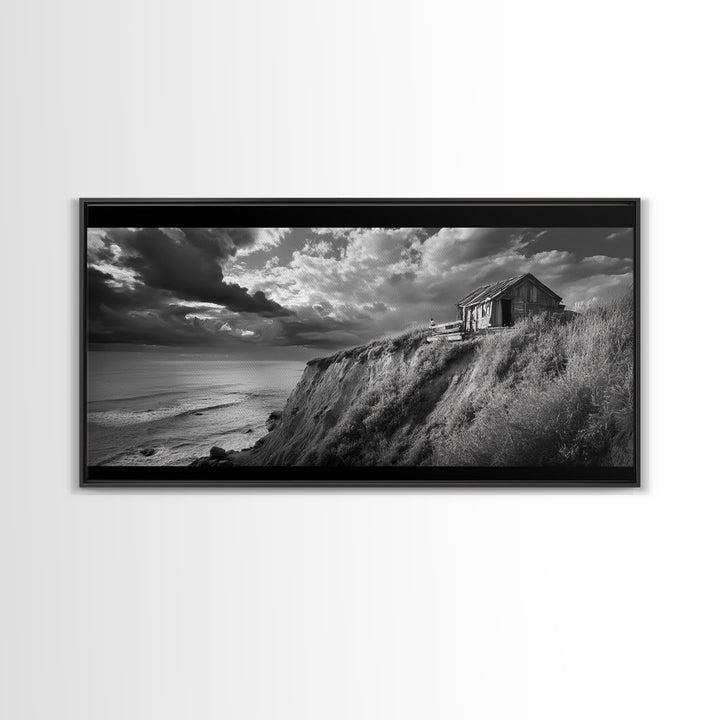 Cliff Cabin, Stormy Coast, Ocean Bluff, Dramatic Skies, Canvas Print, Moody Nature Art, Living Room Accent, Fall Season Decor