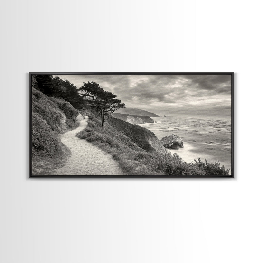 Coastal Path, Nature Trail, Ocean Cliff, Cypress Tree, Framed Canvas Print, Minimalist Wall Art, Living Room Decor, Scenic Landscape