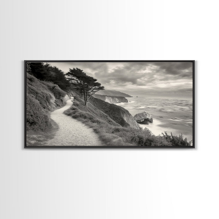 Coastal Path, Nature Trail, Ocean Cliff, Cypress Tree, Framed Canvas Print, Minimalist Wall Art, Living Room Decor, Scenic Landscape