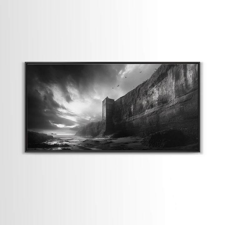Cliff Lighthouse, Dramatic Sky, Seaside Tower, Ocean Mood, Canvas Print, Gothic Wall Art, Study Decor, Moody Coastal Artwork