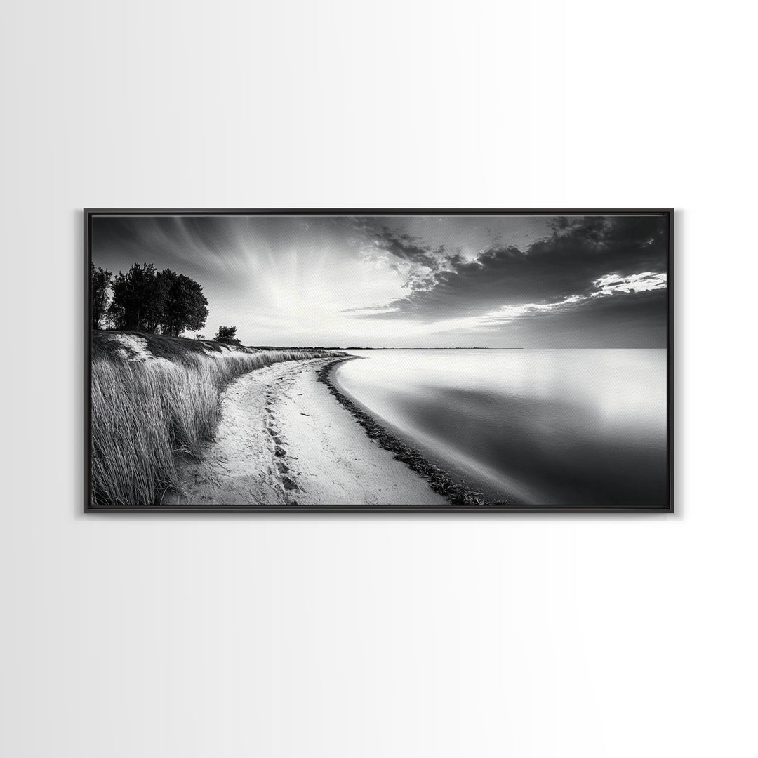 Calm Beach, Grassy Dunes, Serene Shoreline, Peaceful Water, Framed Canvas Print, Minimalist Art, Bedroom Wall Decor, Coastal Calm