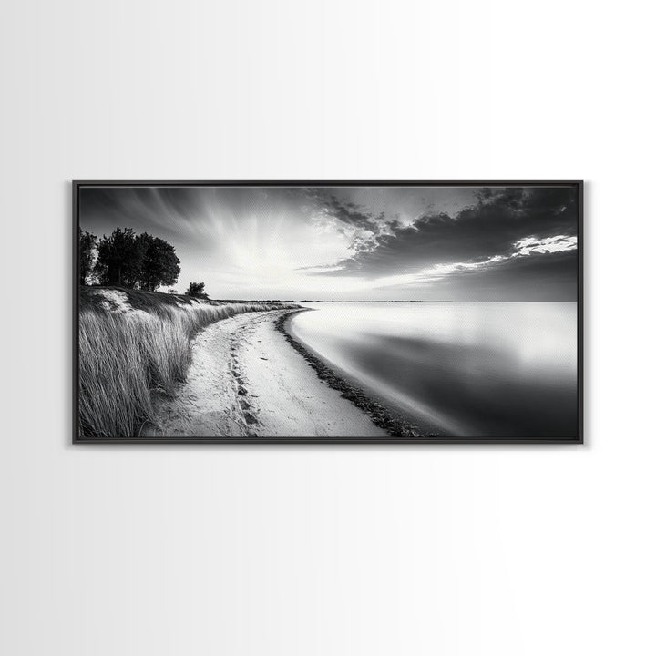 Calm Beach, Grassy Dunes, Serene Shoreline, Peaceful Water, Framed Canvas Print, Minimalist Art, Bedroom Wall Decor, Coastal Calm