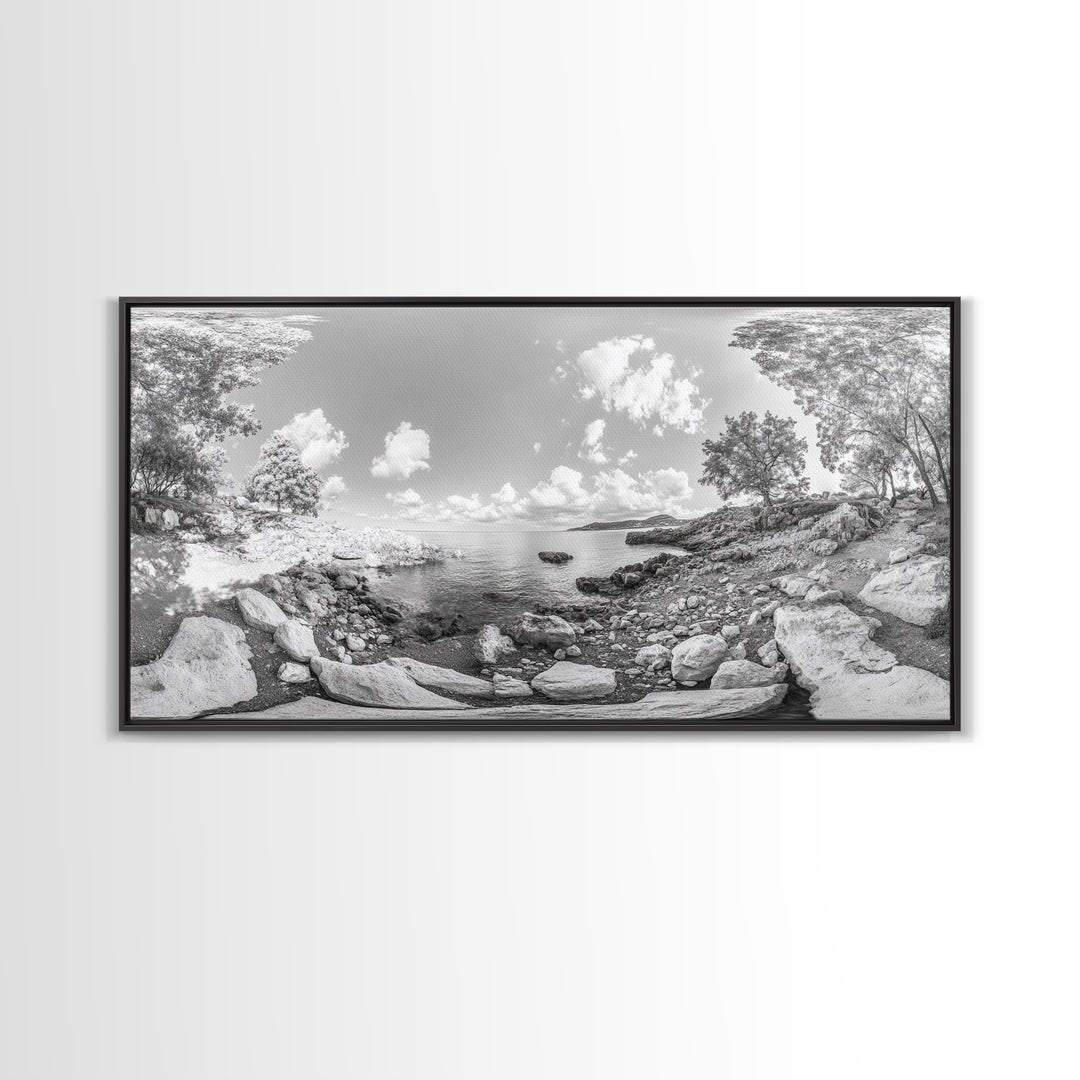 Rocky Cove, Tranquil Bay, Forest Edge, Panoramic Beach, Framed Canvas Print, Nature Art, Bathroom Wall Decor, Earthy Coastal View