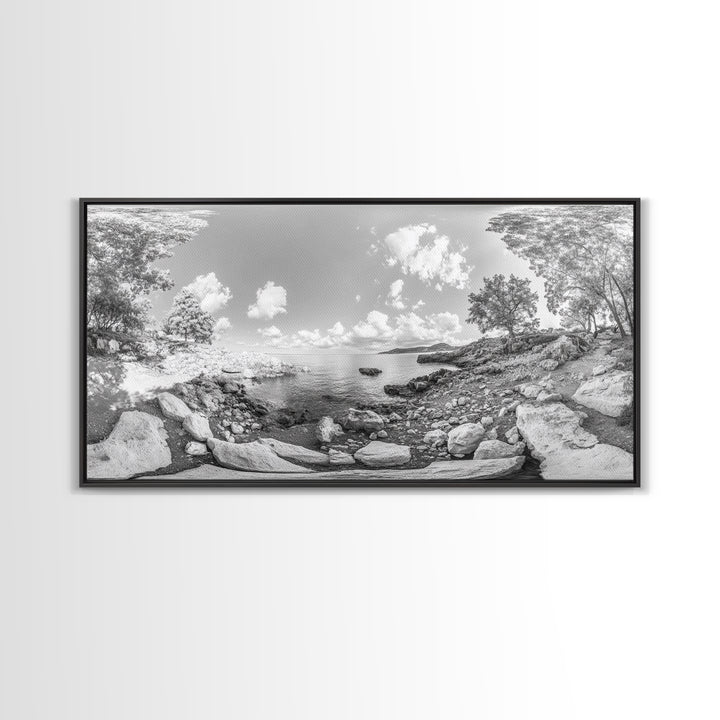 Rocky Cove, Tranquil Bay, Forest Edge, Panoramic Beach, Framed Canvas Print, Nature Art, Bathroom Wall Decor, Earthy Coastal View